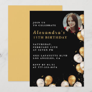 Black 15th birthday invitation Gold Balloon Photo 