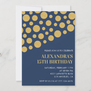 Black 15th birthday invitations Gold Navy 