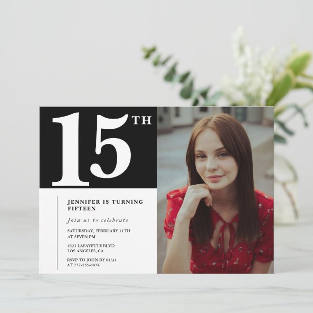 Black 15th birthday invitations Modern Chic Photo (Standing Front)