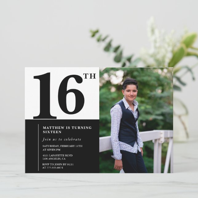 Black 16th birthday invitations Elegant Chic (Standing Front)