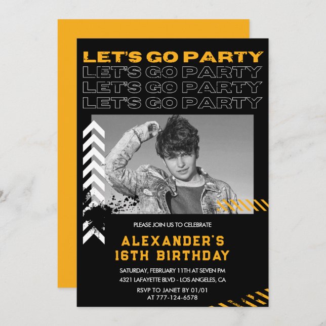 Black 16th birthday invitations Men Photo Spray (Front/Back)