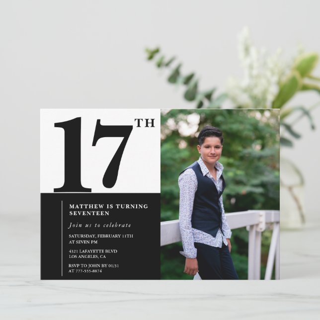 Black 17th birthday invitations Elegant Chic (Standing Front)