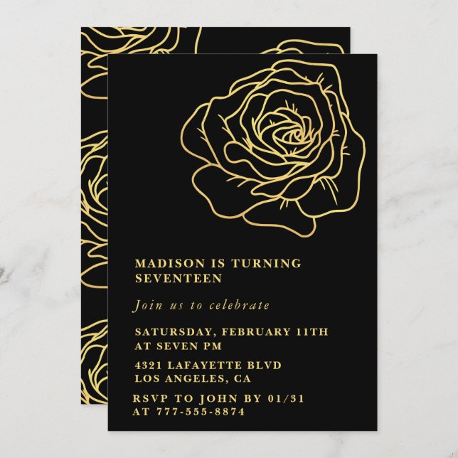 Black 17th birthday invitations Gold Floral (Front/Back)