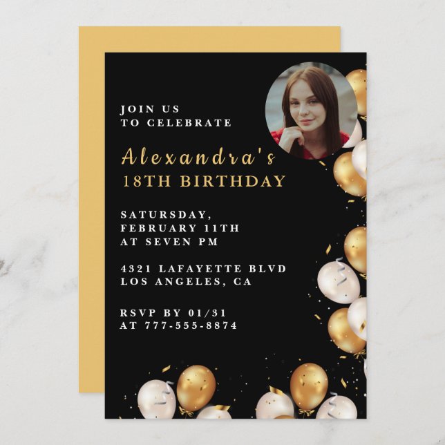 Black 18th birthday invitation Gold Balloon Photo  (Front/Back)