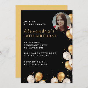 Black 18th birthday invitation Gold Balloon Photo 