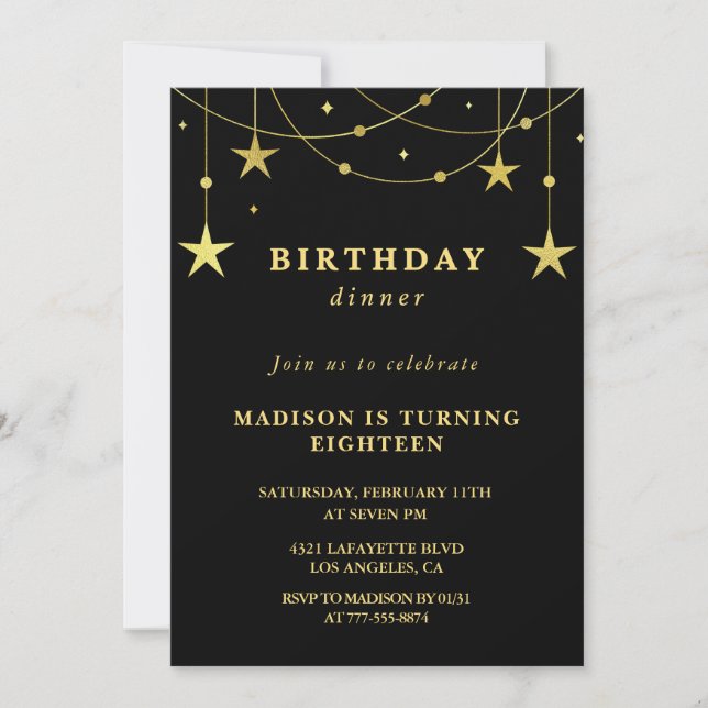 Black 18th birthday invitations Gold Stars (Front)