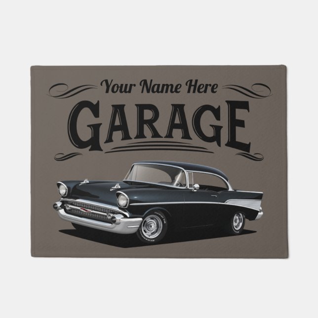Black 1957 Classic Car Welcome with Black Font Doormat (Front)
