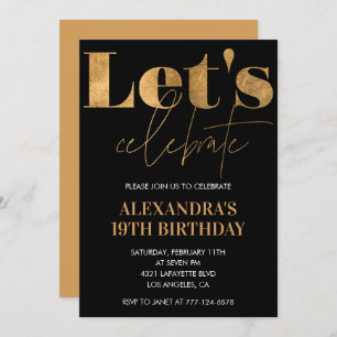 Black 19th birthday invitations Gold Elegant