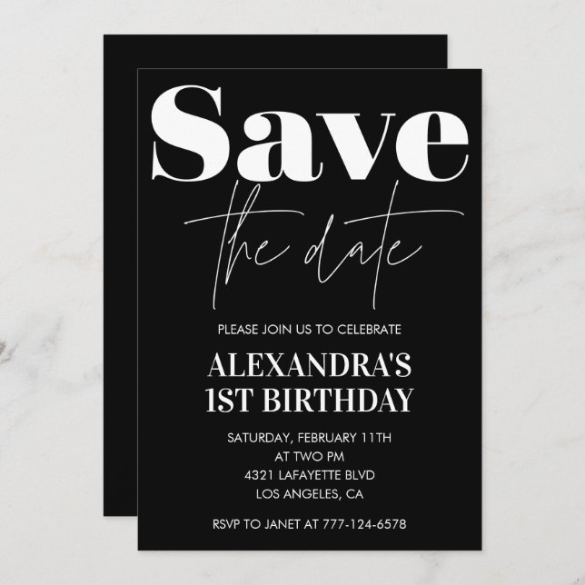 Black 1st birthday invitation Save the date White (Front/Back)