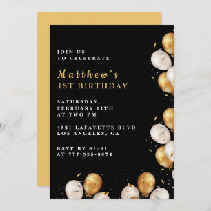 Black 1st birthday invitations Gold Balloon Boy