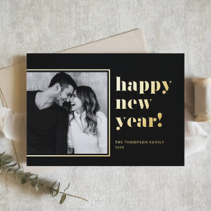 Black 2025 Bold Typography New Year Photo Foil Holiday Card