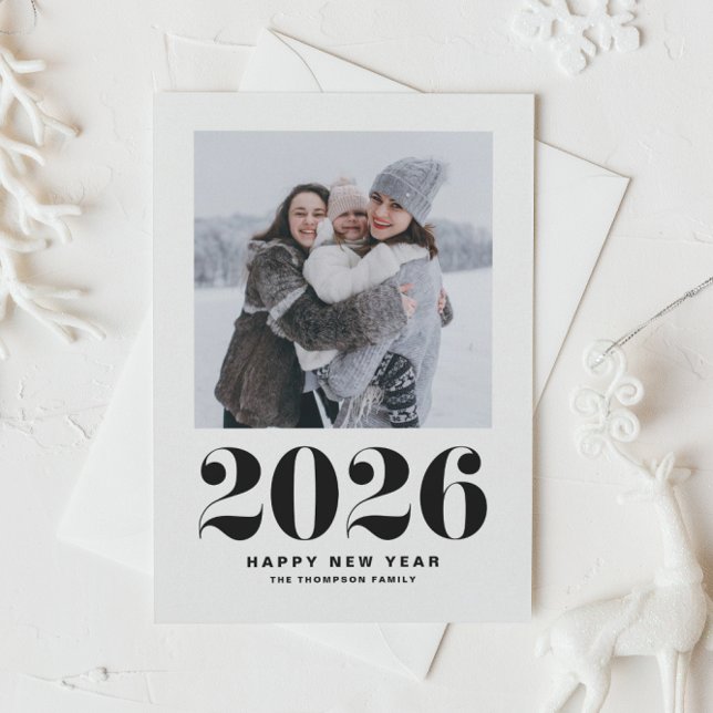 Black 2025 Bold Typography New Year Photo Holiday Card (Ring in 2026 with this black and white Happy New Year photo card featuring retro bold typography.)