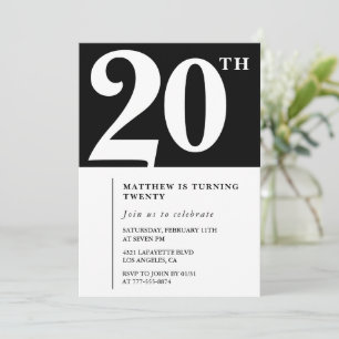 Black 20th birthday invitation Elegant Chic Simple