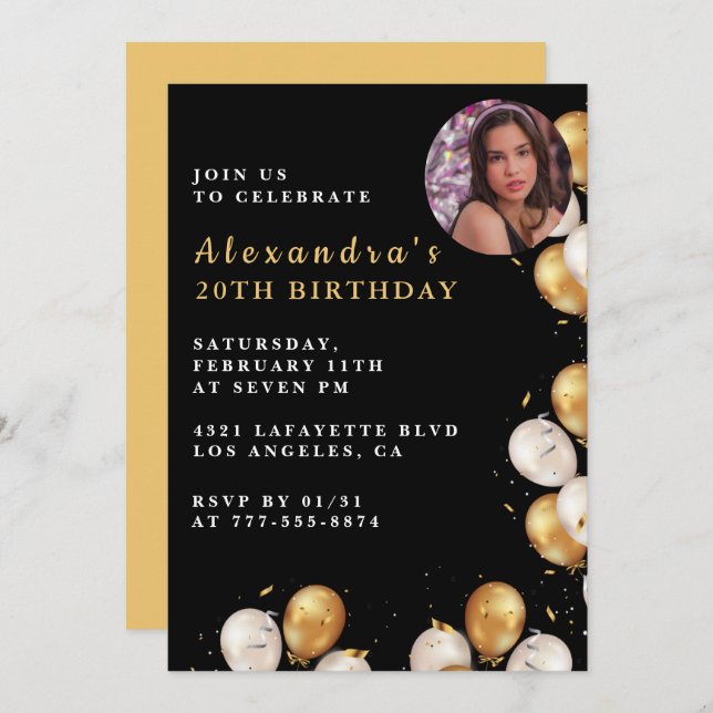 Black 20th birthday invitation Gold Balloon Photo  (Front/Back)