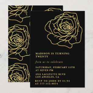 Black 20th birthday invitations Gold Floral
