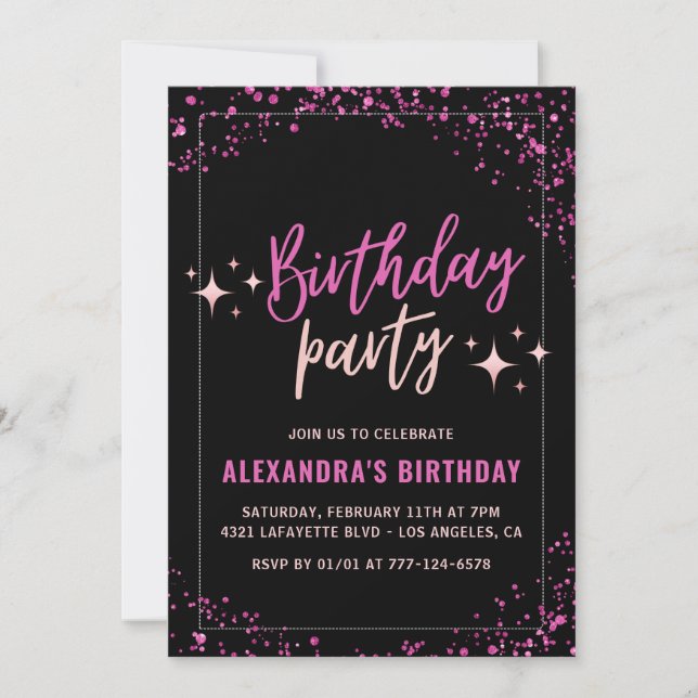Black 20th birthday invitations Pink Glitter party (Front)