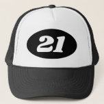Black 21st Birthday party trucker hat for lads<br><div class="desc">Black 21st Birthday party trucker hat for lads. Add your own custom age number. Retro baseball cap with oval logo with year or age number. Cool accessory for blokes turning twenty one. Available in many colours.</div>