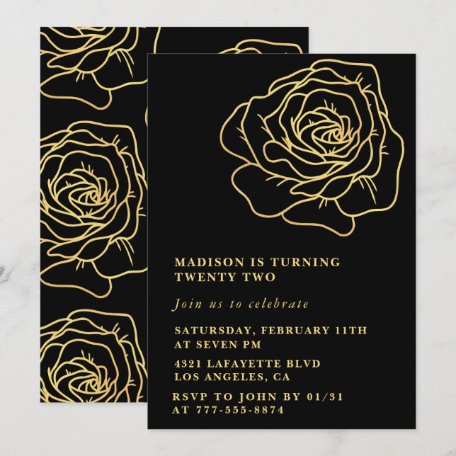 Black 22nd birthday invitations Gold Floral (Front/Back)