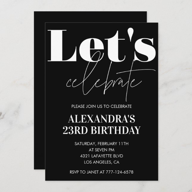 Black 23rd birthday invitations Bold Typography  (Front/Back)