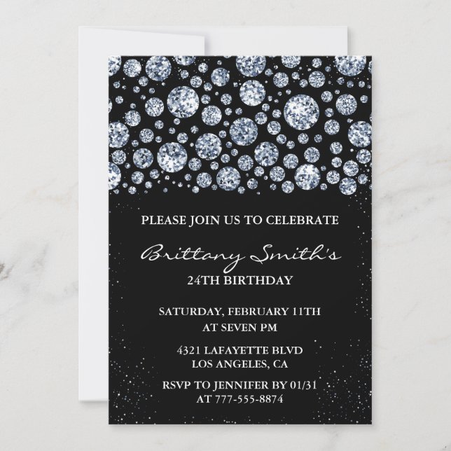 Black 24th birthday invitation Diamond Glitter (Front)