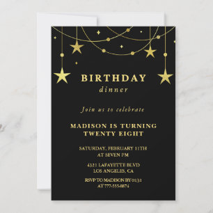 Black 28th birthday invitations Gold Stars Dinner