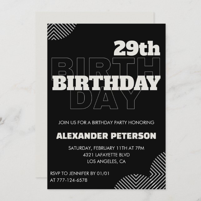 Black 29th birthday invitations Men Party (Front/Back)