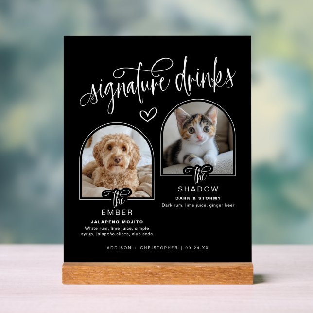 Black 2 Photo Pet Wedding Signature Drinks Acrylic Sign (Neutral)