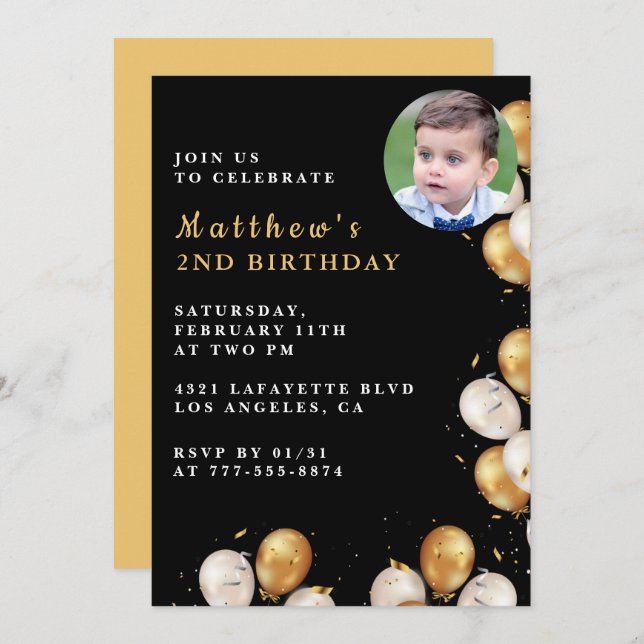 Black 2nd birthday invitation Gold Balloon Photo  (Front/Back)
