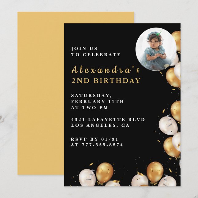 Black 2nd birthday invitation Gold Balloon Photo  (Front/Back)