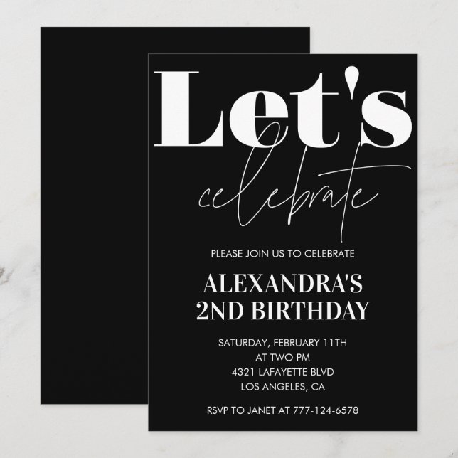 Black 2nd birthday invitations Bold Typography  (Front/Back)