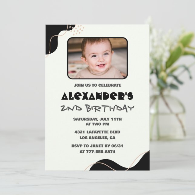 Black 2nd birthday invitations Boy Simple Photo (Standing Front)