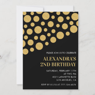 Black 2nd birthday invitations Gold Confetti