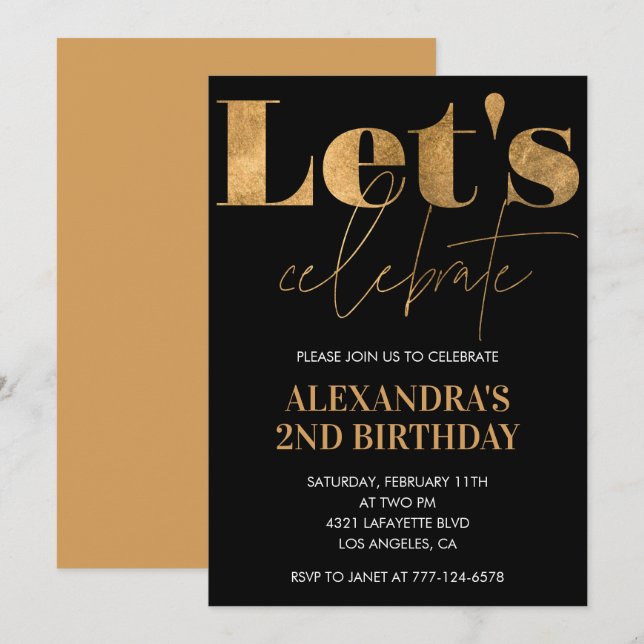 Black 2nd birthday invitations Gold Elegant (Front/Back)