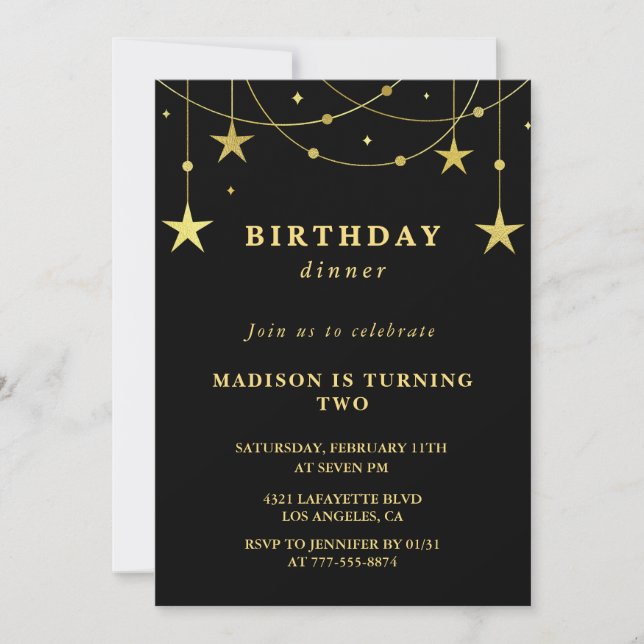 Black 2nd birthday invitations Gold Stars (Front)