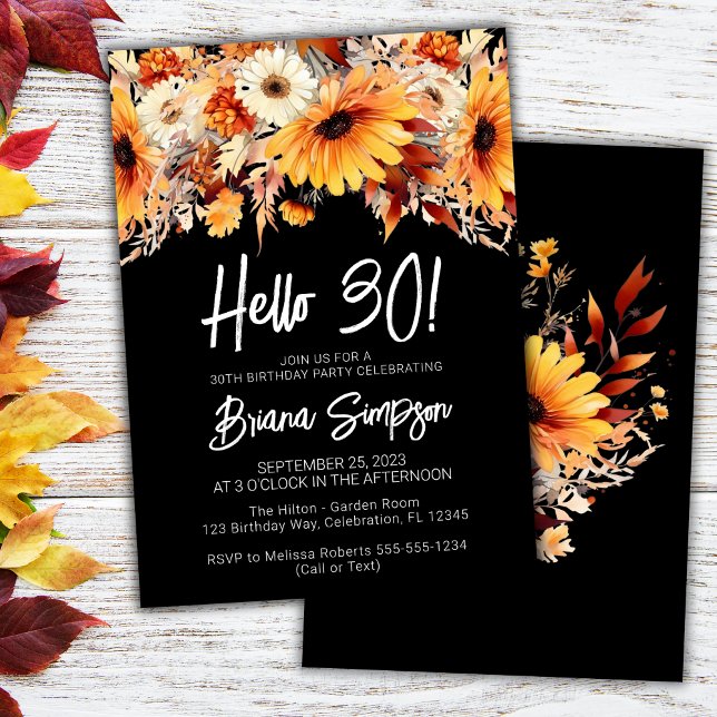 Black 30th Birthday Fall Floral Invitation (Creator Uploaded)