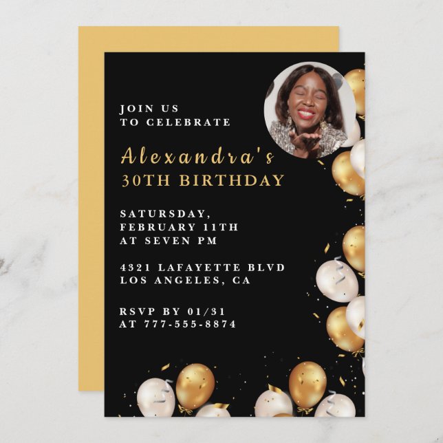 Black 30th birthday invitation Gold Balloon Photo  (Front/Back)