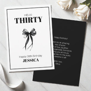 Black 30th Minimalist Elegant Bow Happy Birthday Card