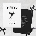 Black 30th Minimalist Elegant Bow Happy Birthday Card<br><div class="desc">Black 30th Minimalist Elegant Bow Happy Birthday Card is perfect for celebrating her milestone in style. Featuring minimalist and elegant watercolor black ribbon bow design and modern typography, this card adds a touch of sophistication to her big day. Featuring a chic black-and-white colour scheme paired with modern, elegant fonts, this...</div>
