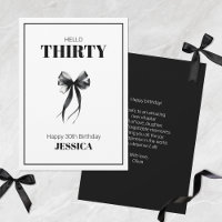 Black 30th Minimalist Elegant Bow Happy Birthday