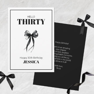 Black 30th Minimalist Elegant Bow Happy Birthday Card