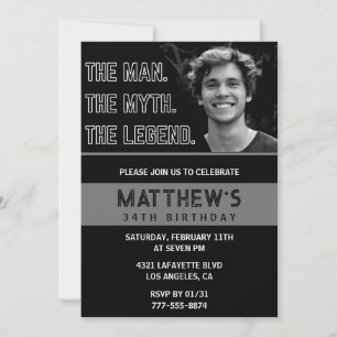 Black 34th birthday invitations The Man The Legend