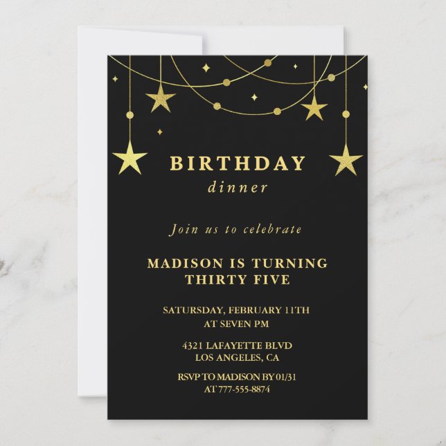 Black 35th birthday invitations Gold Stars (Front)