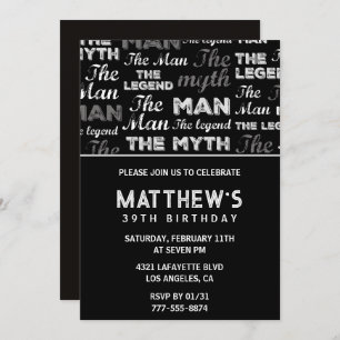 Black 39th birthday invitation for him Myth Legend