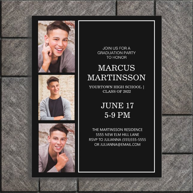 Black 3 Photo Modern Graduation Party BUDGET (Black 3-photo graduation party invitation for him)