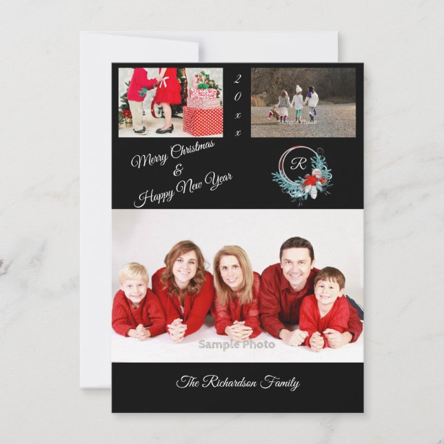 Black 3 photo Personalised Christmas Card (Front)