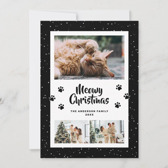Black 3 Photo Snow Paws Meowy Christmas Card (Front)