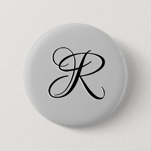 Black 3D Calligraphy Initial Letter   Pastel Grey 6 Cm Round Badge