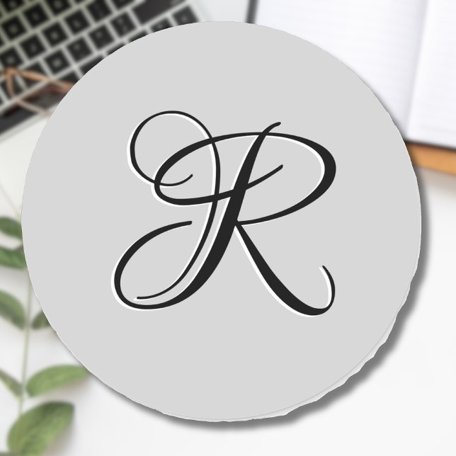 Black 3D Calligraphy Initial Letter | Pastel Grey Classic Round Sticker (Creator Uploaded)