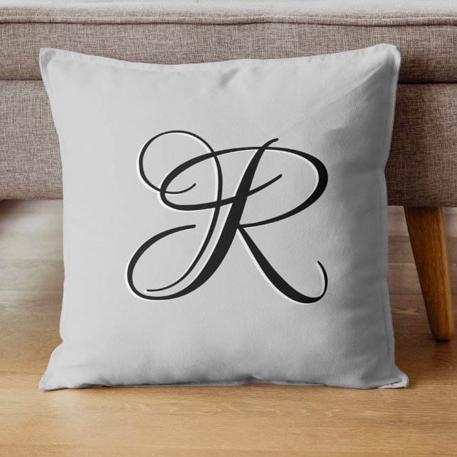 Black 3D Calligraphy Initial Letter | Pastel Grey Cushion (Creator Uploaded)