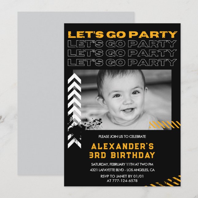 Black 3rd birthday invitations Boy Photo Spray (Front/Back)